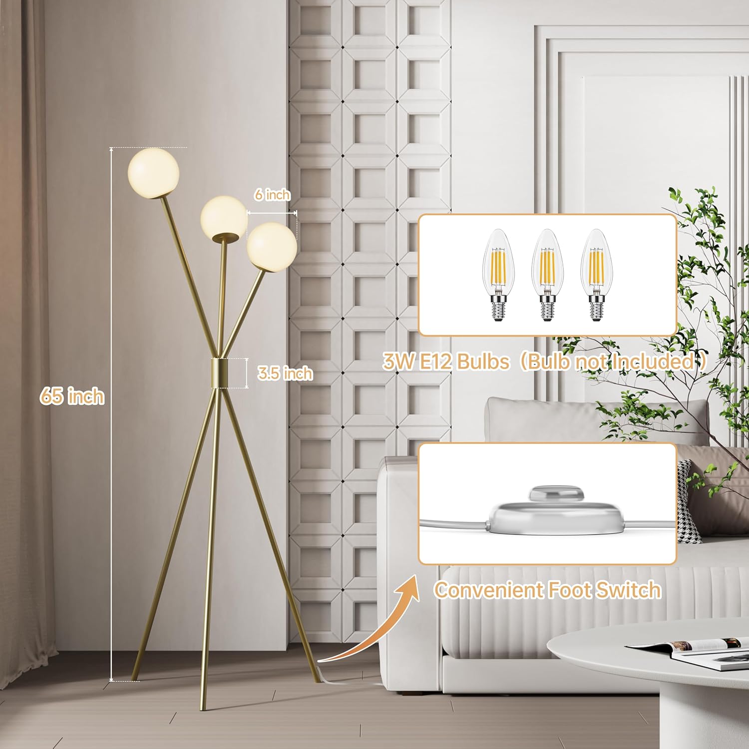 Maxax 65” Brass Gold Floor Lamp for Living Room, 3 Lights Globe Mid Century Floor Lamp ModernTripod Reading Standing Lamp with White Glass Globe Shade for Bedrooms Office