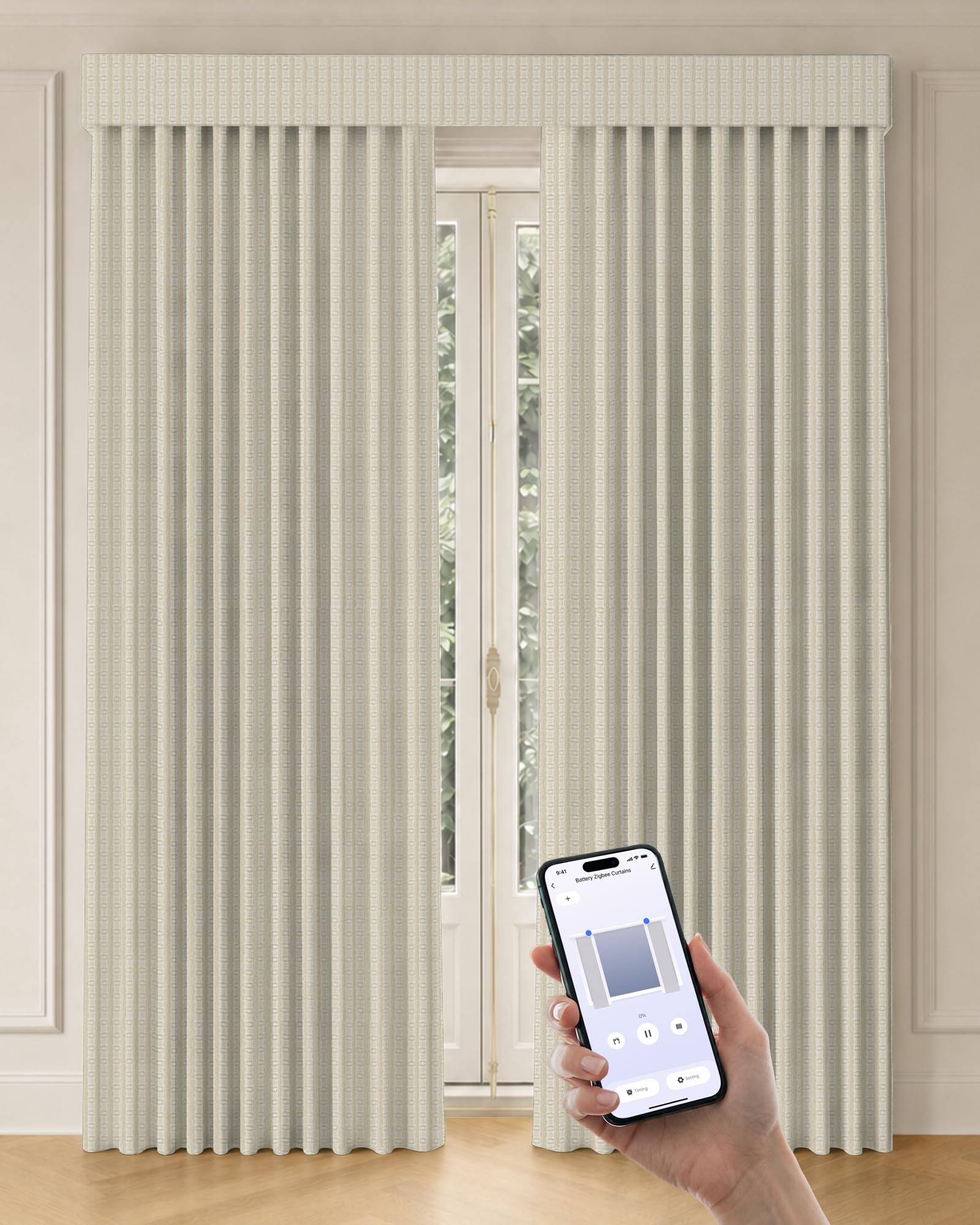 Graywind Motorized Curtains with Track, Room Darkening Smart Curtains, Hardwired Curtains Compatible with Alexa Google Home Remote Control for Large Windows, Custom Drapes Up to 220", Heritage (Bone)
