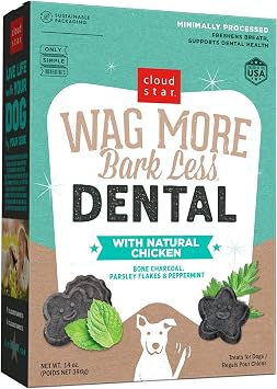 Cloud Star Wag More Bark Less Crunchy Dental Dog Treats, Chicken, Bone Charcoal, Parsley & Mint, 14 oz. Box