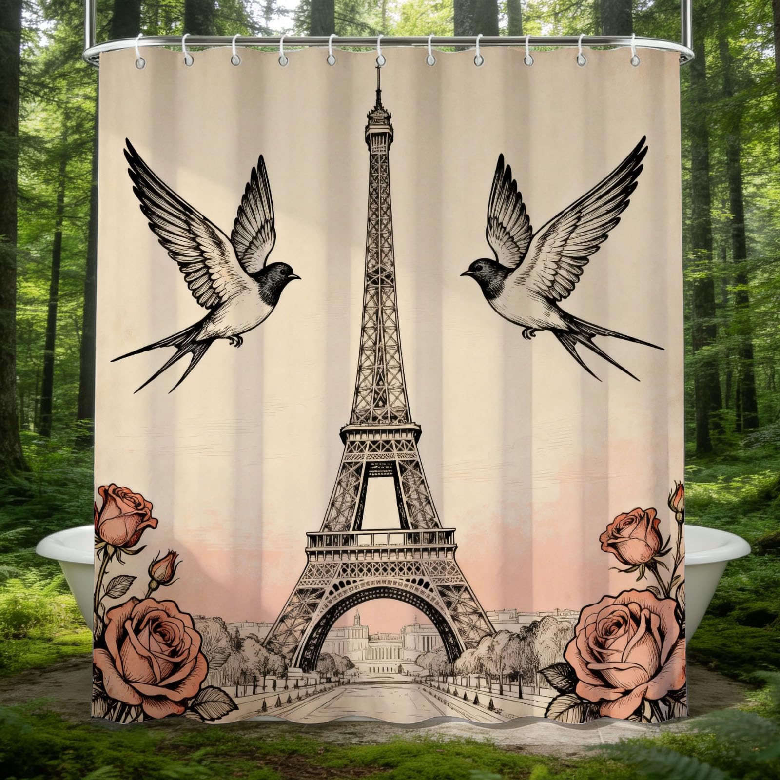 Hongduo 3D Eiffel Tower Illustration Shower Curtain for Stalls Bathtubs Hand-Drawn Style Bathroom Decor Shower Curtain Set Polyester Fabric Waterproof 180x180cm/71X71 Inch with Hooks