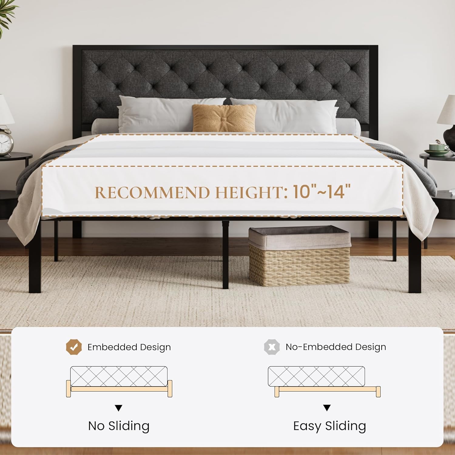 SHA CERLIN King Size Metal Platform Bed Frame,Linen Upholstered Button Tufted Headboard, Mattress Foundation with 12.4” Under-Bed Storage, Noise-Free, Easy Assembly, No Box Spring Needed, Dark Grey - Image 7