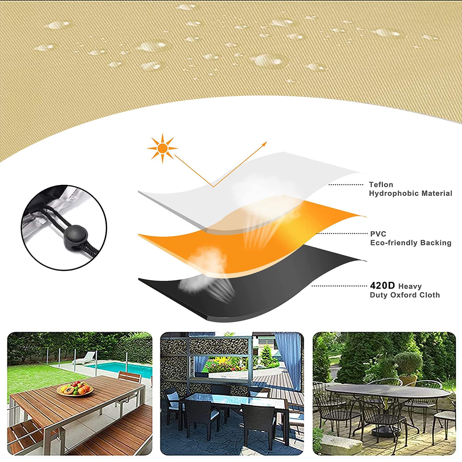 Tafelhoes Voor Buiten 300 x 340 x 300 cm Robuust, Waterdicht, Sneeuwbescherming, Uv-Bestendig, Tuintafelmeubelhoes Tuinhoezen, Voor Tuinmeubelbeschermer, Zwart
