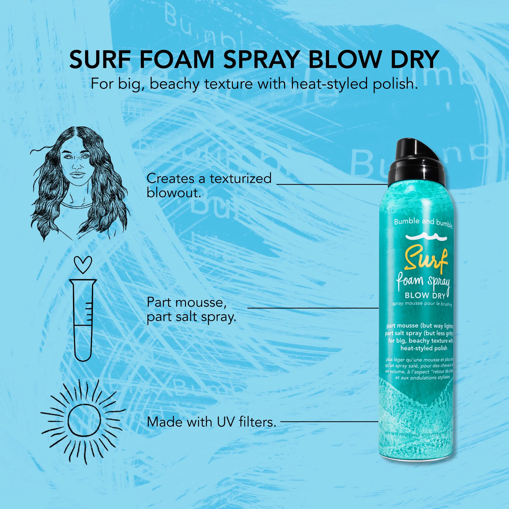 Bumble and bumble. Surf Foam Spray Blow Dry Hair Lightweight Volume Mousse | Adds Beachy Texture + Hold | UV Protection| For Fine to Medium Wavy, Straight Hair Types, 4 Ounce