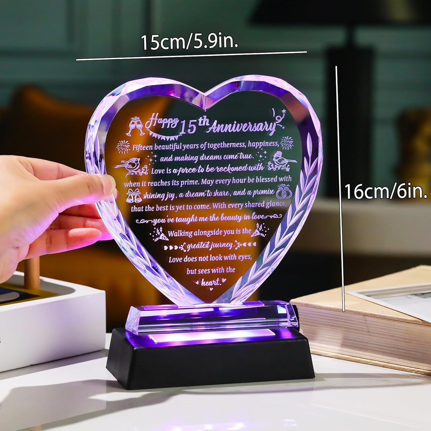 15th Wedding Anniversary Crystal Gifts for Couples, Romantic Heart Happy Crystal Anniversary Keepsake Gift for Wife Husband with LED Light Base, 15 Years of Marriage for Her Him Party Decor