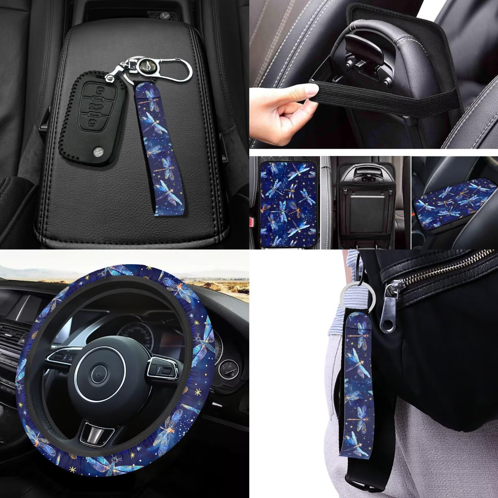 Set completo di 14 coprisedili per auto, motivo libellula blu, coprivolante con libellula fluo, imbottiture per cinture di sicurezza, sottobicchieri, copribraccioli, copertura per freno a