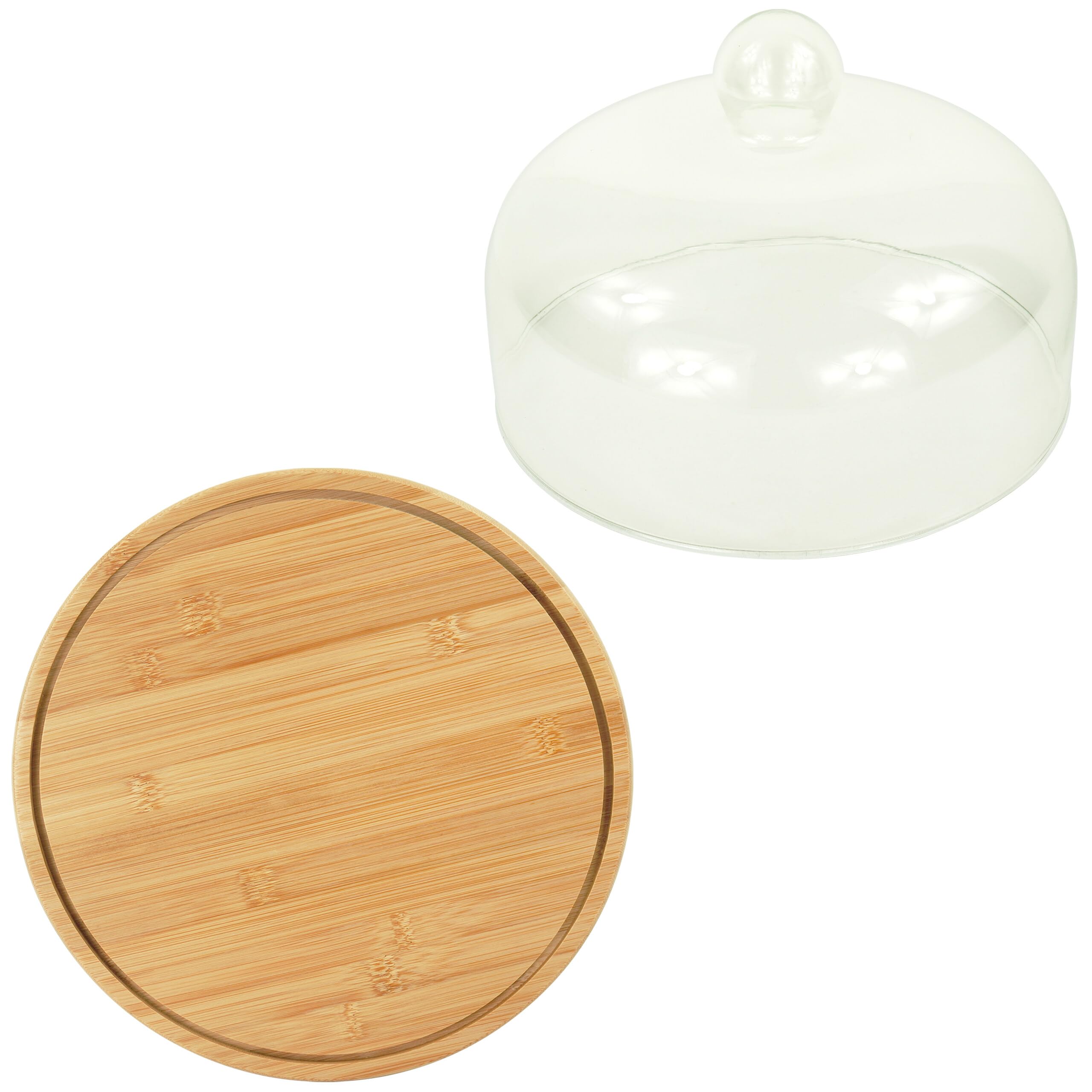 Relaxdays Plat à gâteaux, Couvercle en Verre, Conserve la fraîcheur, HxD : 16x28 cm, Cloche à Fromage en Bambou, Naturel