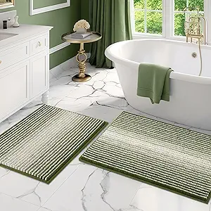 BSICPRO Bathroom Rugs and Mats Sets, 2 Piece Thick Absorbent Chenille Bath Mat Rug Set Non Slip, Soft Shaggy Bath Room Floor Mats for Bathroom, Machine Washable (Sage, 20" x 32" Plus 16" x 24")