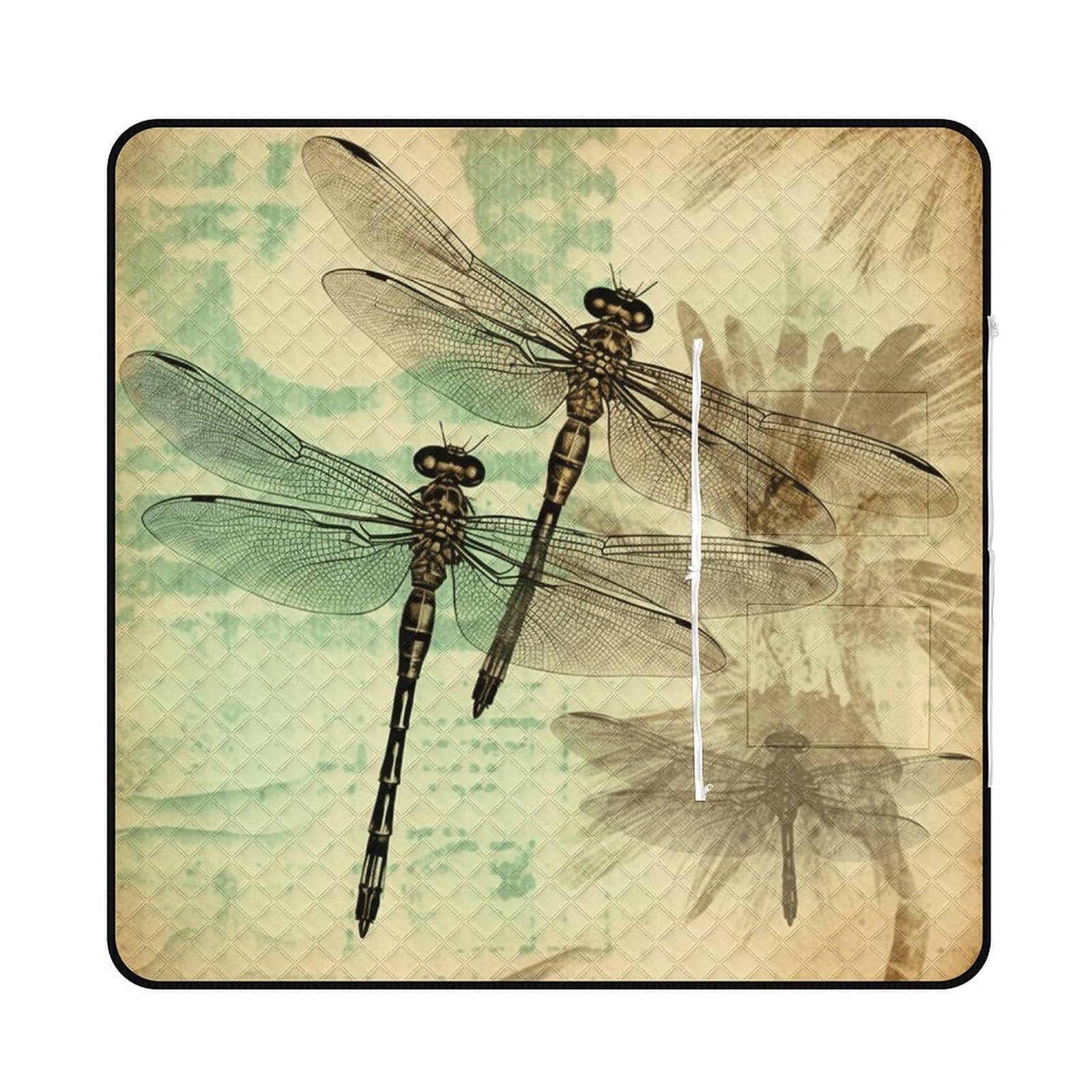 Dragonfly Dragonflies Vintage Picnic Mat 150x150cm Extra Large Picnic Blanket with Zipper Waterproof Sandproof Beach Blanket Portable Beach Mat Foldable Camping Blankets for Park Grass Lawn Travel