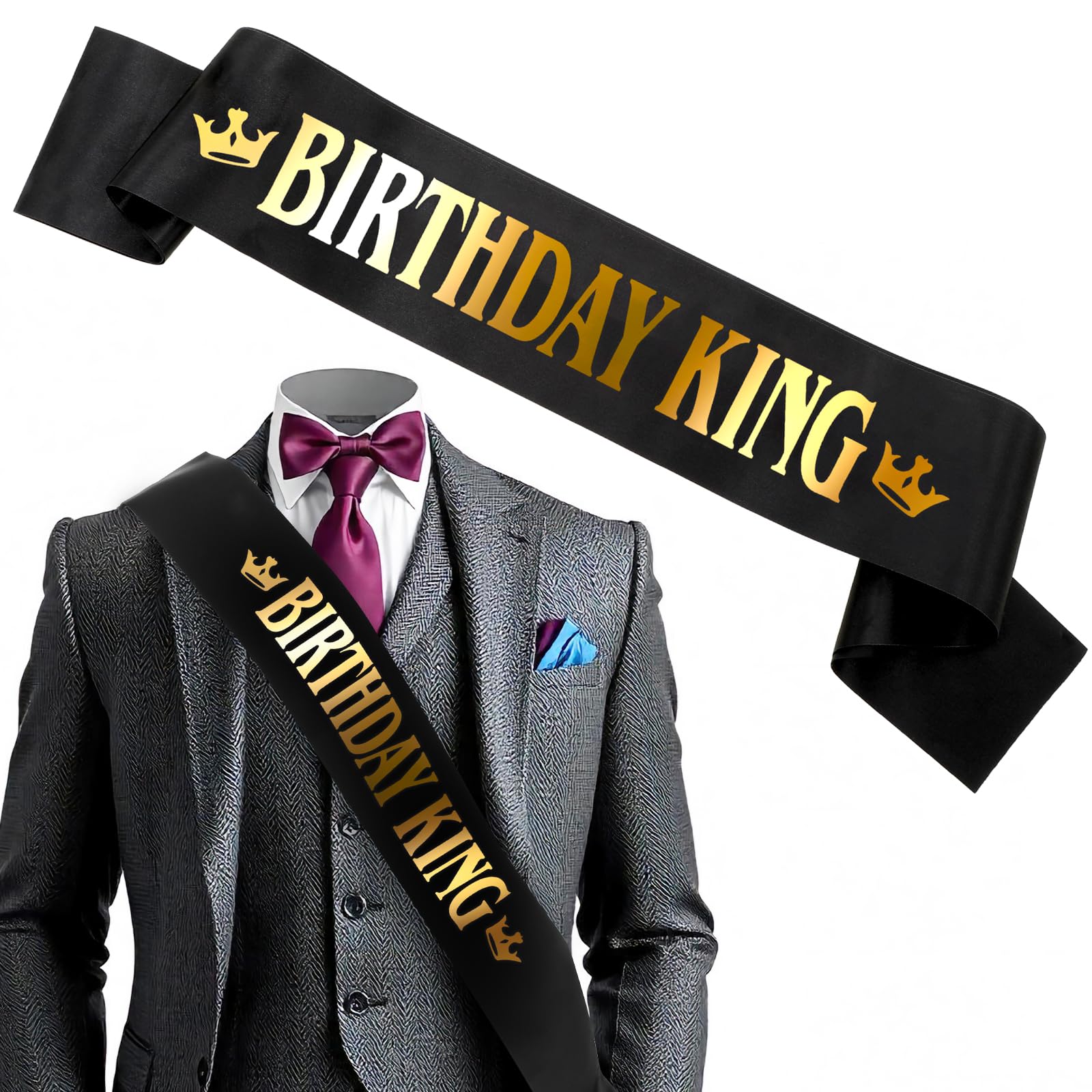 Birthday King Sash for Men, Black Satin Birthday Sash with Gold Letter Birthday Party Decorations Happy Birthday Supplies Birthday Accessories for Boy