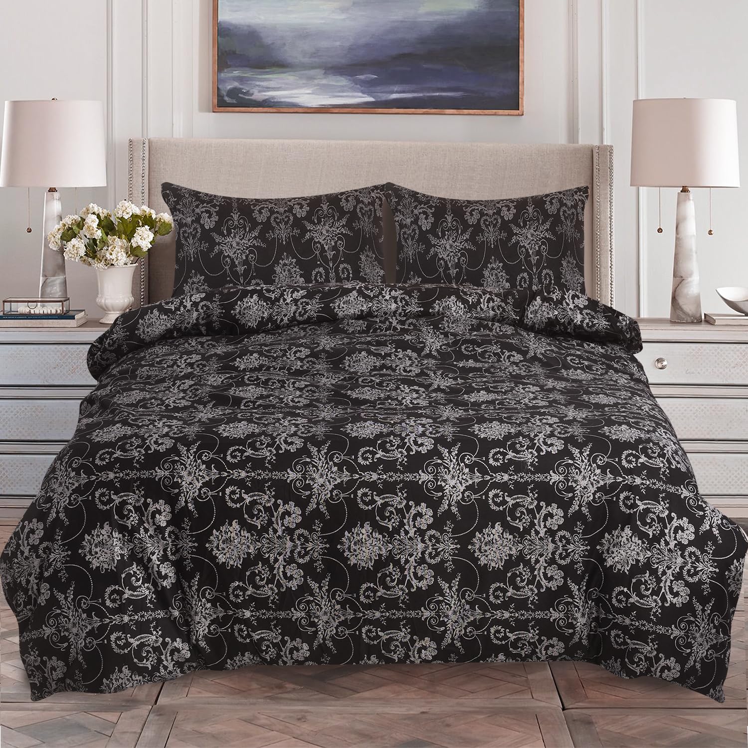 CHARKHAH 4 Piece Reversible Printed Bedding Set Includes 1 Duvet Cover, 1 Deep Fitted Sheet & 2 Pillowcases – Soft Microfibre Easy Care Quilt Cover Set for All Seasons (Vintage Black, Single) — image 1