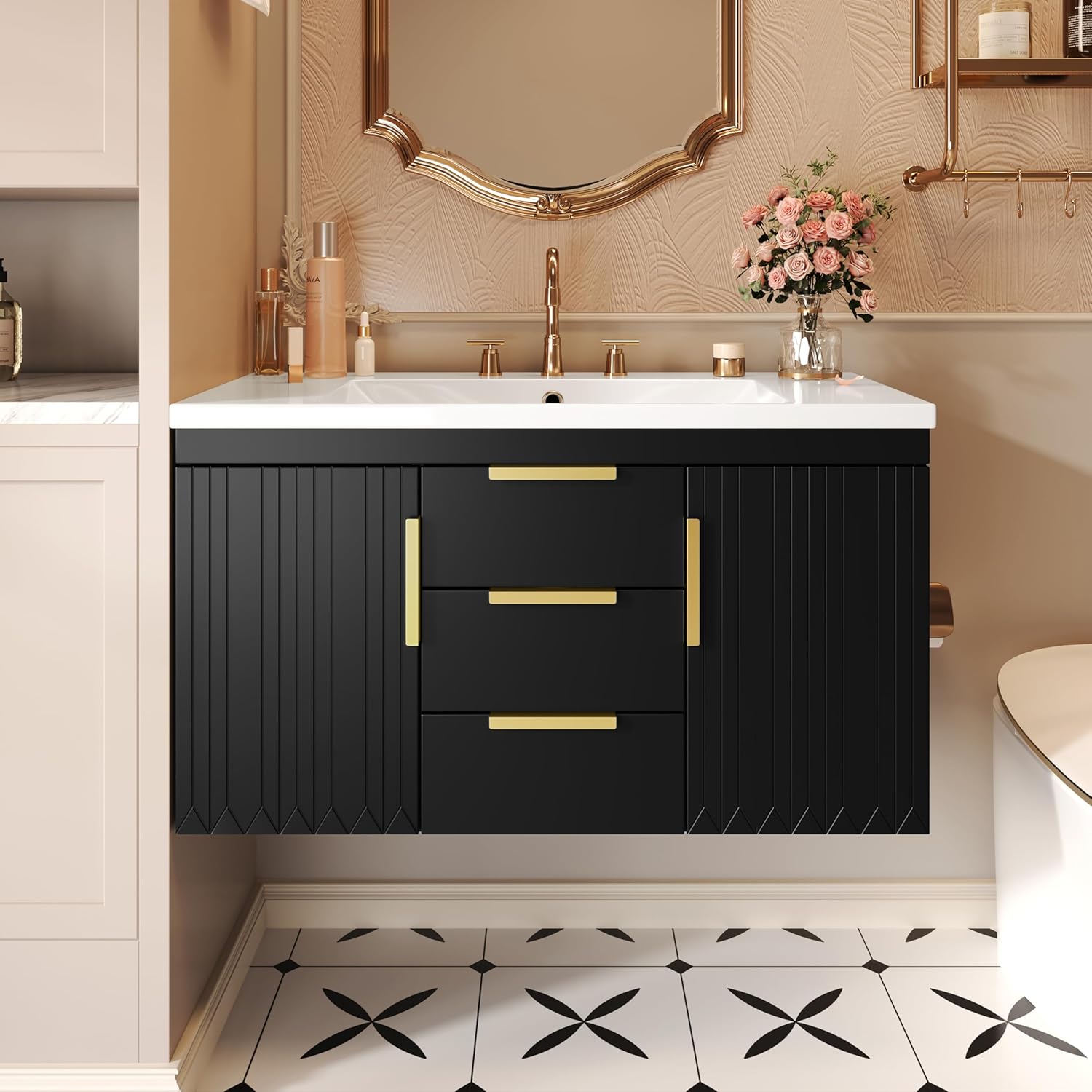 Merax 36 Inch Floating Bathroom Vanity Cabinet with Sink, Modern Fluted Wall Mounted Bathroom Vanity with 2 Drawers & 2 Doors, Gold Metal Pulls, Single Sink Vanity Top