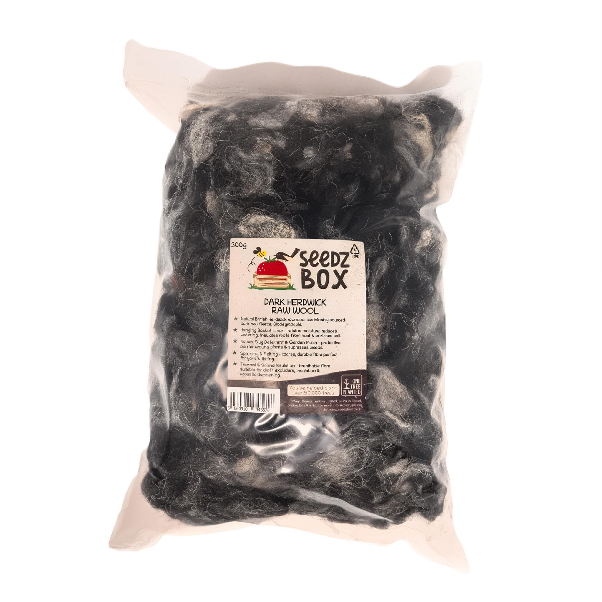 300g Dark Herdwick Raw Wool Bag – for Hanging Baskets Liner, Spinning & Felting Fibre, Garden Slug Deterrent, Mulch & Soil Booster, Insulation, Cushion Filling, Nesting Wool - Seedzbox