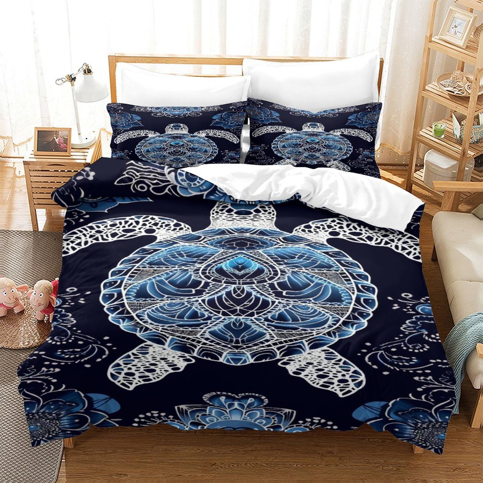 P1S9U7W5Y Ocean Inspired 3D Printed Turtle Duvet Cover Set 3pcs Microfiber Nautical Bedding Set King（220x240cm）