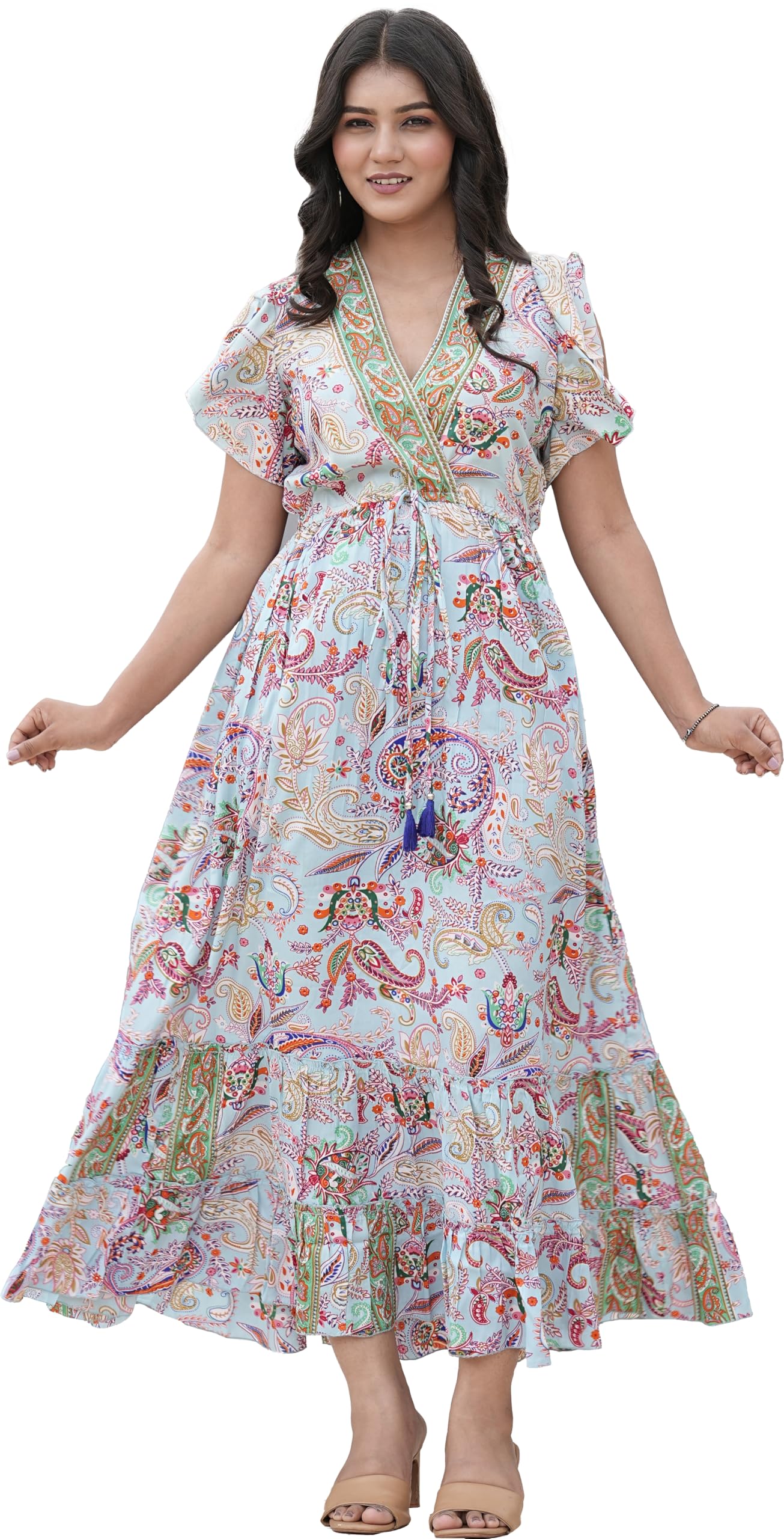 Yash Gallery Women's Polyester Bat Sleeve Maxi Dress V-Neck Tassel Summer Boho Dress