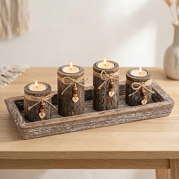 Farmhouse Coffee Table Decor Candle Holder - Romadedi Boho Wooden Tray with 4 Tealight Candles Holders for Tables Centerpiece Home Decorations Living Room Fireplace Kitchen