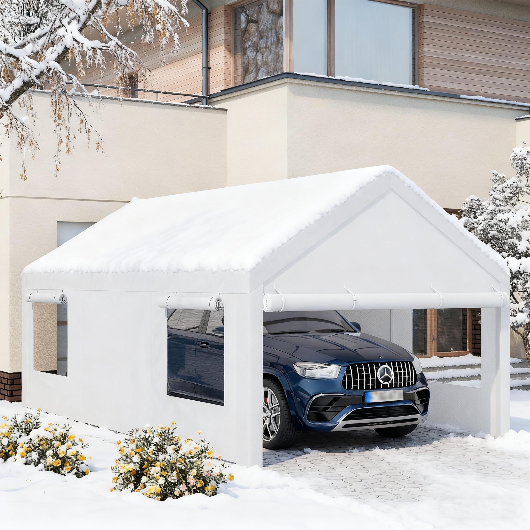 JAMFLY 10x20 ft Carport, Heavy Duty Carport with Roll-up Windows, Portable Garage with Removable Sidewalls & Doors, Car Canopy with Sandbags and All-Season Tarp for Car, Truck, Boat, Motorcycle, White