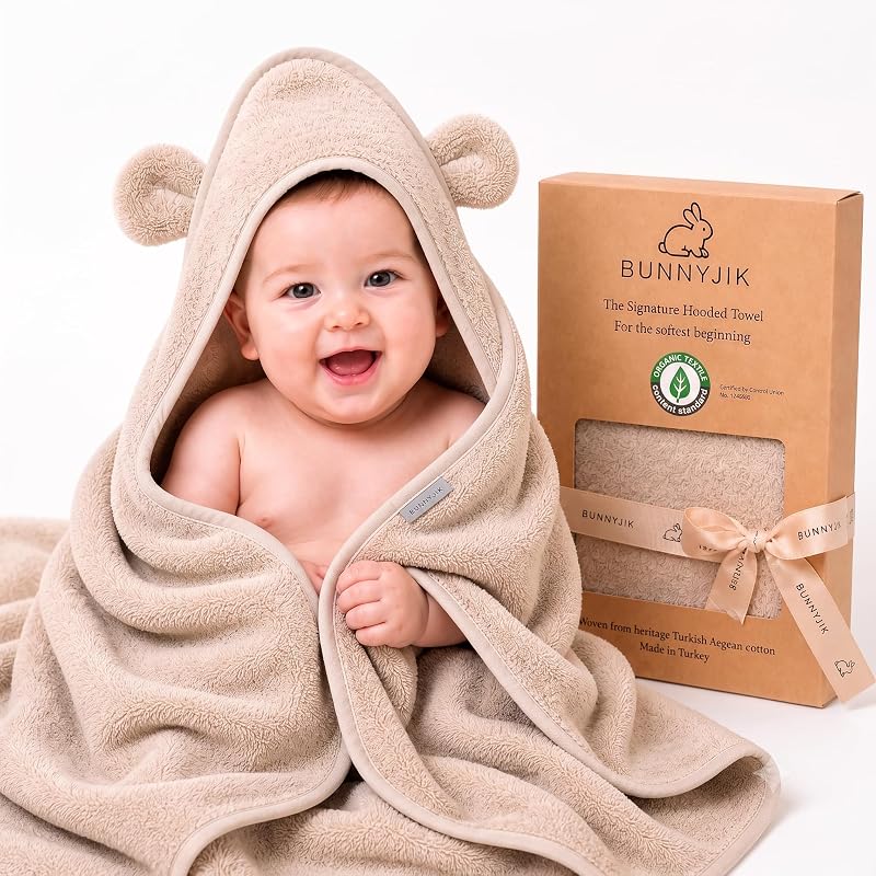 Turkish Organic Cotton Hooded Towels - Heritage Aegean Plush Bath Towels for Newborn, Best for Boys, Ultra Plush, Softest Towel — Petite Newborn Infant Bath Towel Fit (0–12 Months)