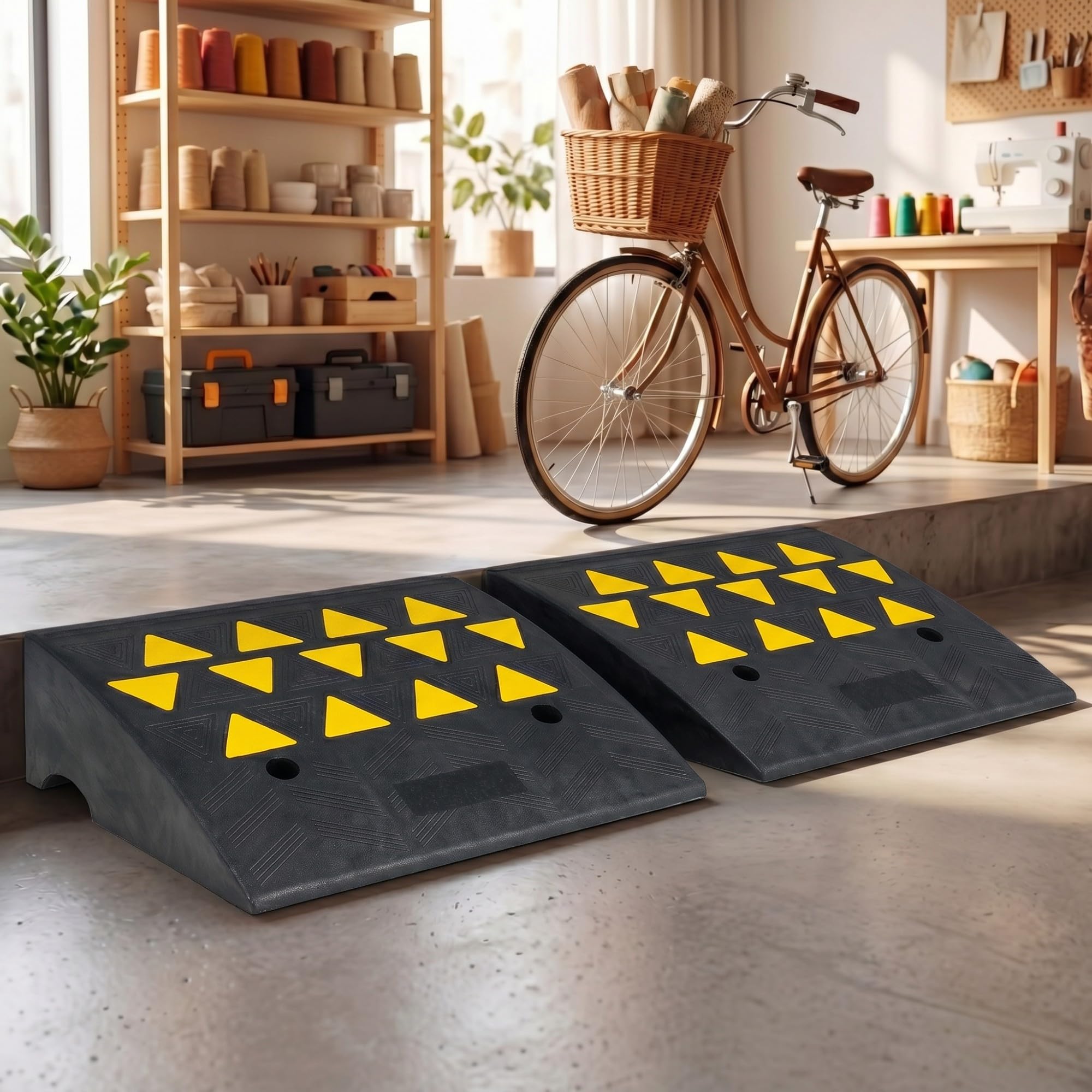 GIANTEX 2 Rampas para Coches de Goma, Rampas para Silla de Ruedas con Triángulos Reflectantes, Carga 15 Ton, Altura 13/16 cm, Superficie Antideslizante y Canal de Drenaje para Bordillos (49x37x16 cm)