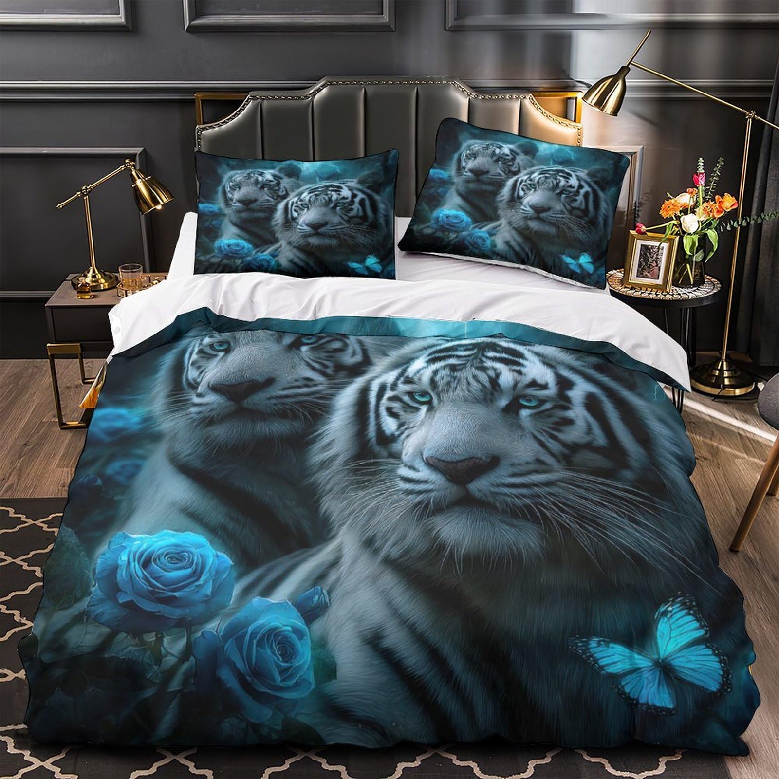 Housse de couette tigre blanc 140x200 microfibre lit une place enfant