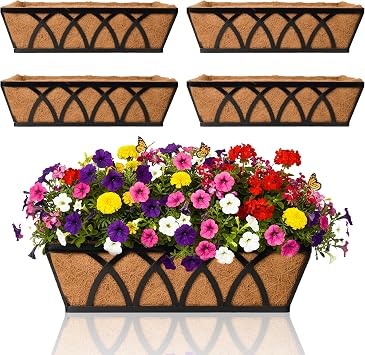 Flat Railing Planter Window Box Wall Hanging Planters 4 Pack, 30 Inch Balcony Fence Planter with Coco Liner, Horse Trough Planter Metal Window Planter Box for Outdoor Plant Holder Rail Deck