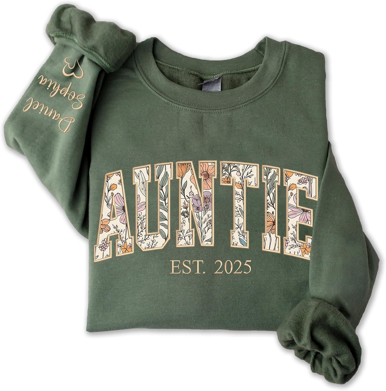 UrbanNEST Personalized Floral Embroidered Applique Auntie Sweatshirt For Women, Custom Auntie Gifts from Grandkids, Aunt Sweater, Tia Crewneck, Mother's Day Apparel, Lala Birthday, Aunt Gifts