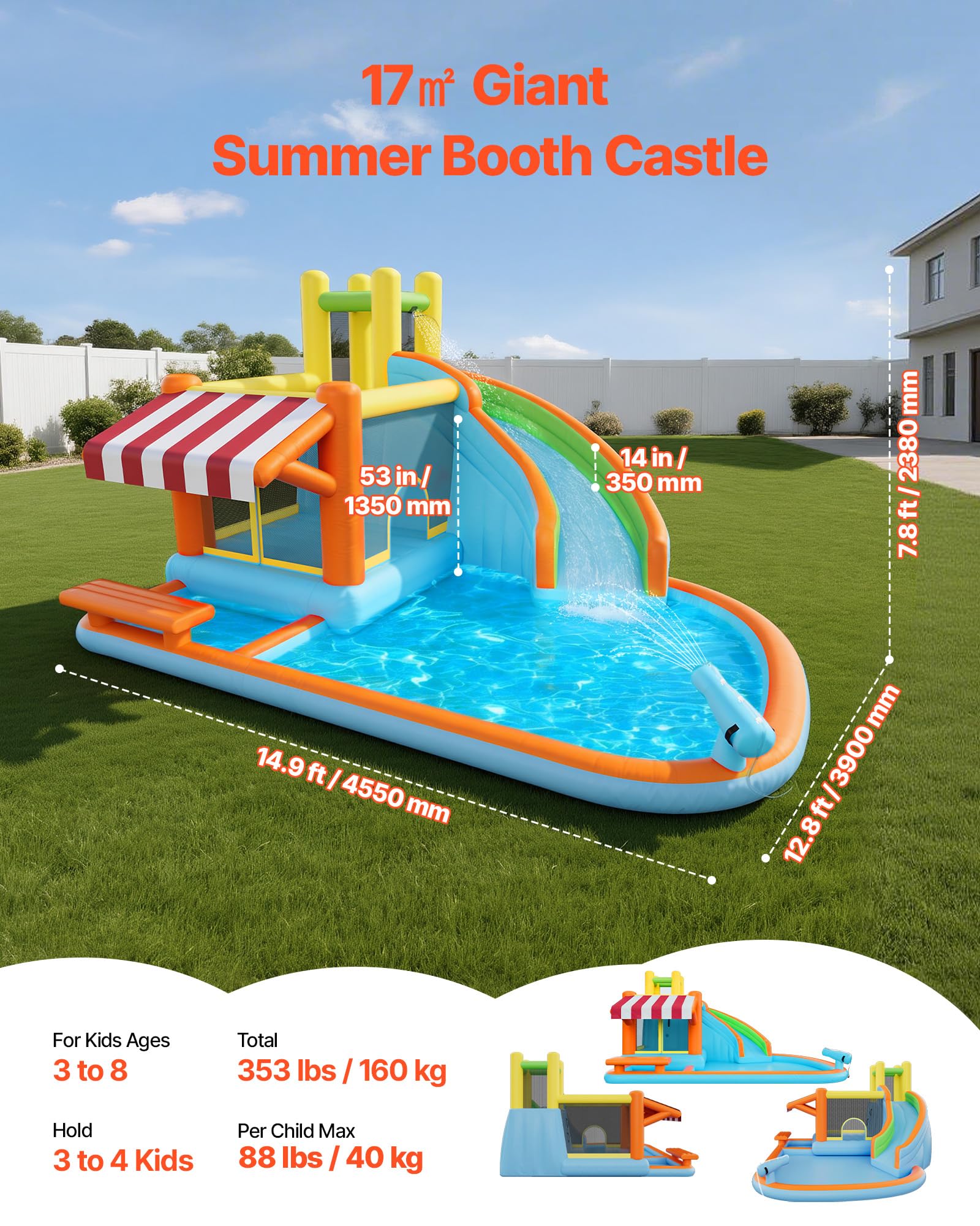VEVOR Castello Gonfiabile da Esterno per Bambini Parco Acquatico 455x390x238 cm, Castello Gonfiabile con Scivolo Piscina Bancarella Capienza ca. 3-4 Bambini 3-8 Anni, Gioco d'Acqua per Esterno