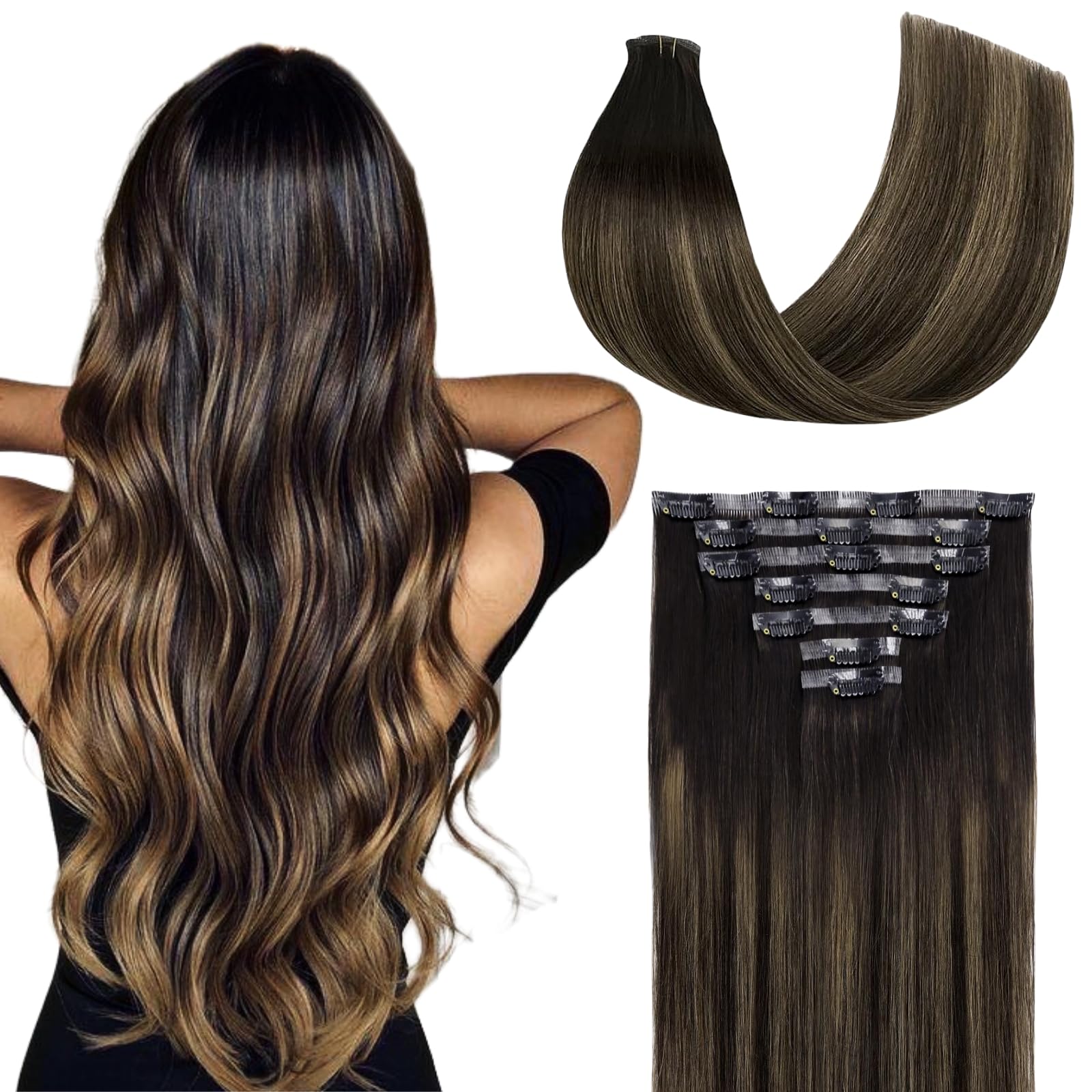 FUOTONBUTY Extensiones de Clip de Pelo Natural Doble Costura 7pcs, Extensiones de Pelo Natural con Clip, Extensiones Cabello Humano 90g (Marrón Oscuro a Marrón Castaño, 50cm)