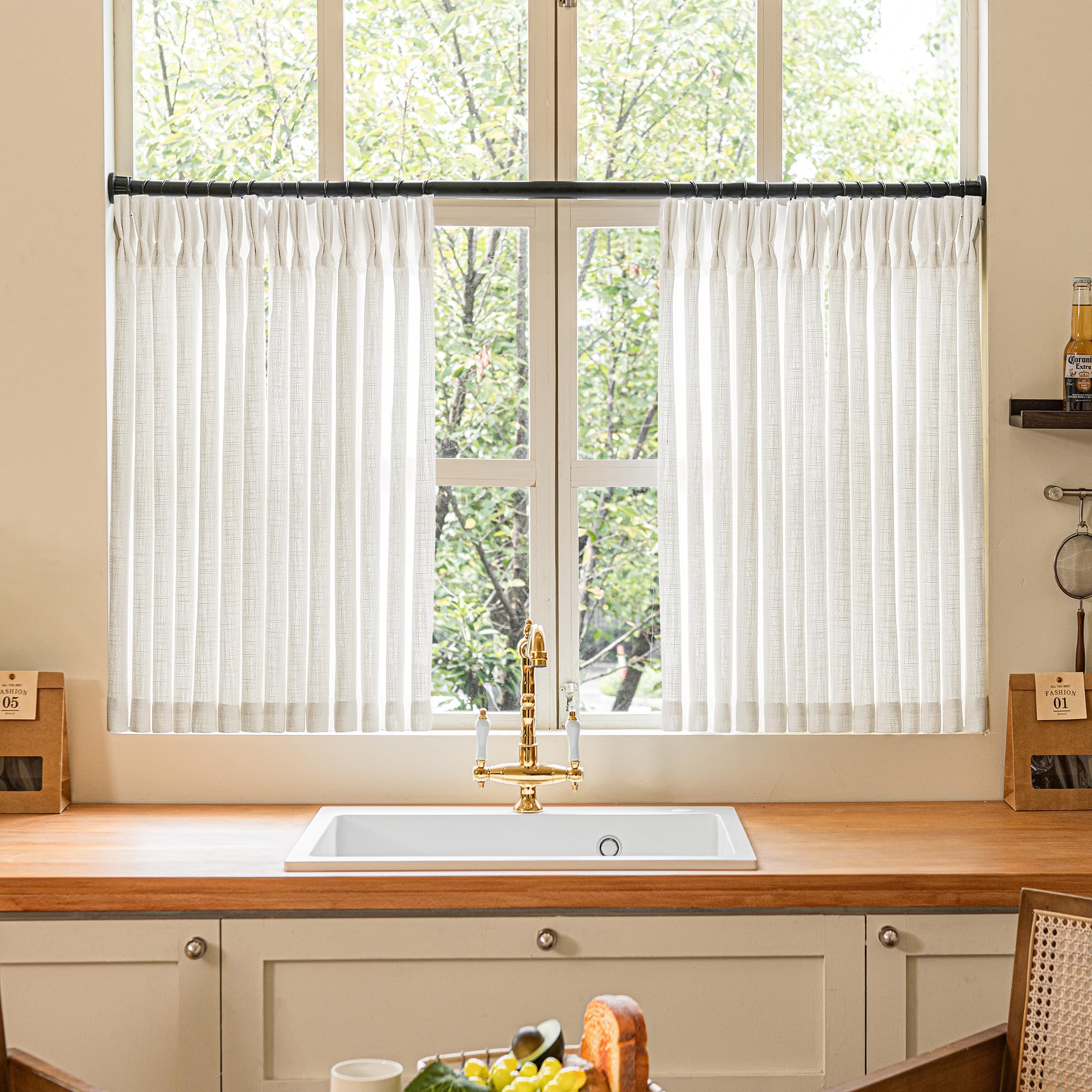 TWODRAPES Pinch Pleated Linen 36 Inch Length Kitchen Curtains 2 Panels Set