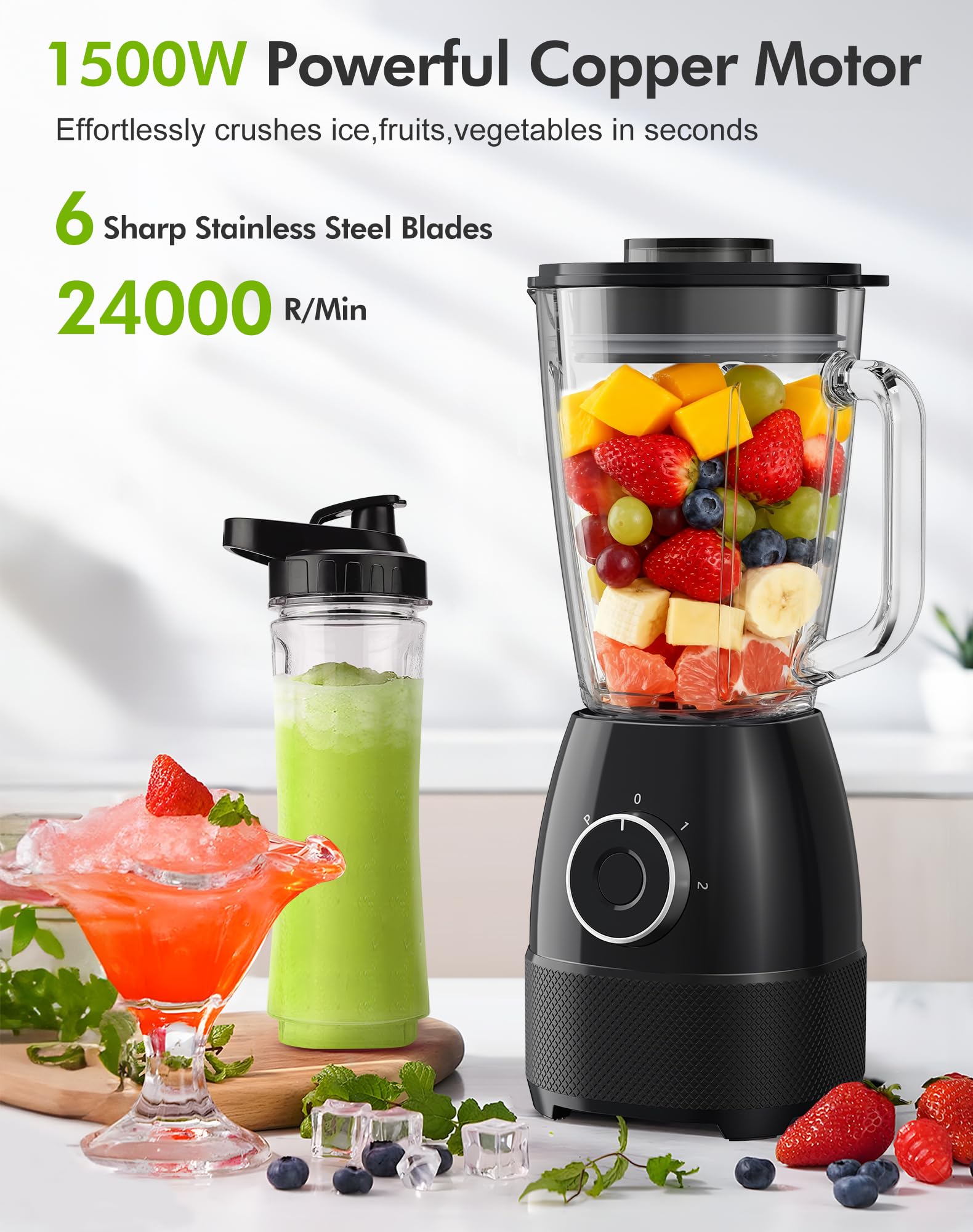 Blender, 1500 W, elektryczny smoothie blender z szklanym dzbankiem 1,5 l i przenośnymi butelkami 600 ml, regulowana prędkość, ostrze ze stali nierdzewnej do lodów, owoców, warzyw