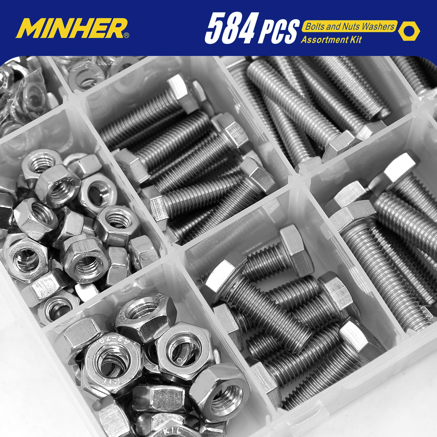 MINHER 584 pieza M6 M8 M10 de Tornillos Hexagonales y Tuercas de Acero Inoxidable y Juegos de Arandelas