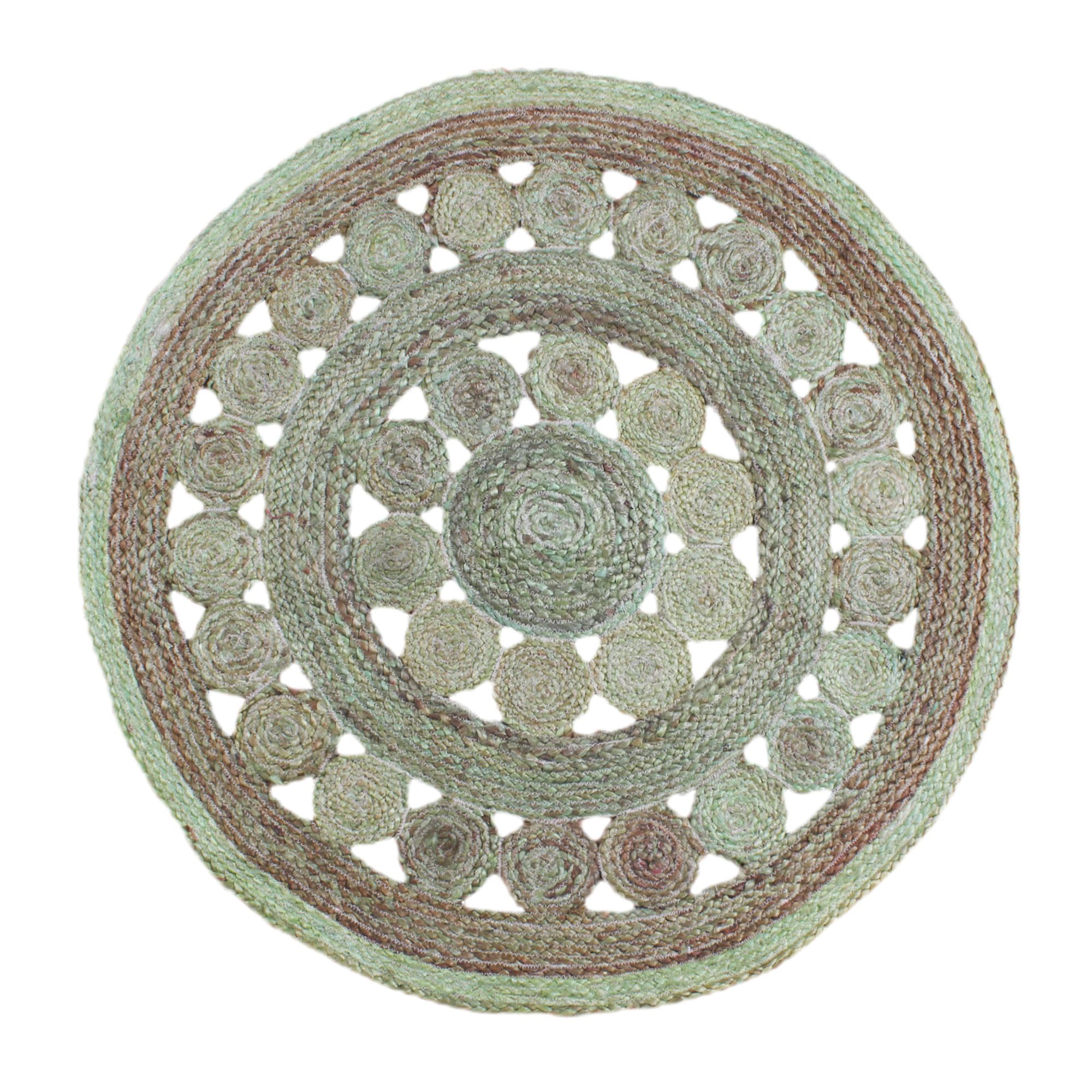 Tapis en jute beige et vert 1,5x1,5m circulaire Natural Collection pour chambre et cuisine