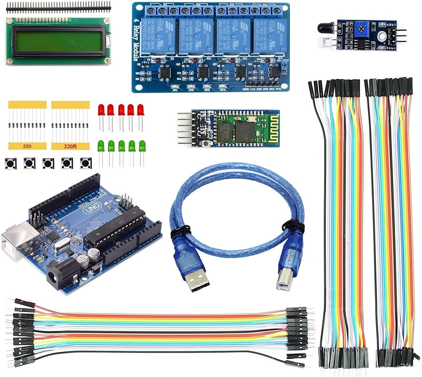 IDUINO Aduino Uno R3 Bluetooth Project Combo, with HC05 Bluetooth module, 4 channel relay board, 16x2 LCD and Jumper wires