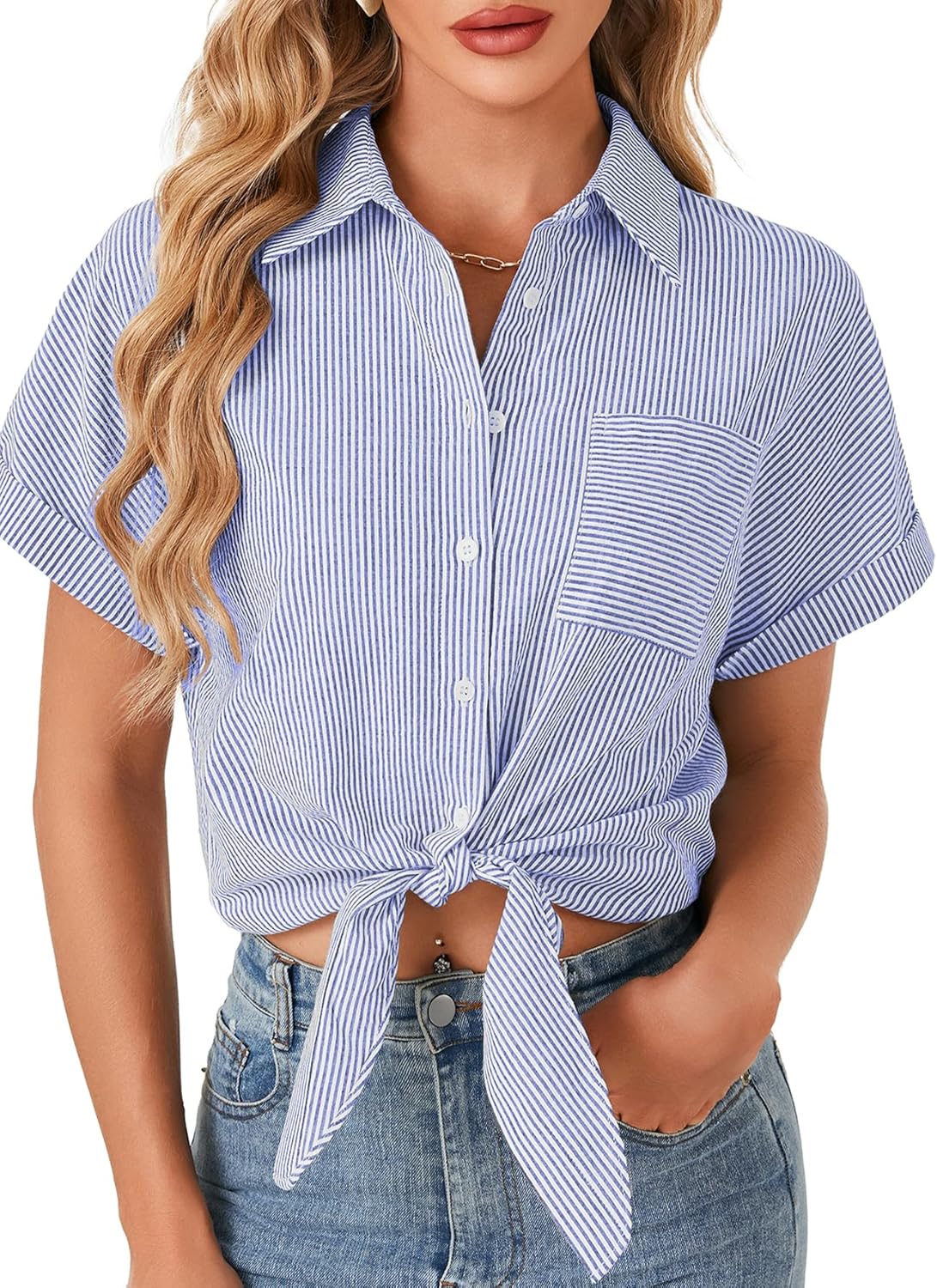 Vrtige Women's Stripe Button Down Collar Neck Tie Knot Short Sleeve Blouse Shirt with Pocket