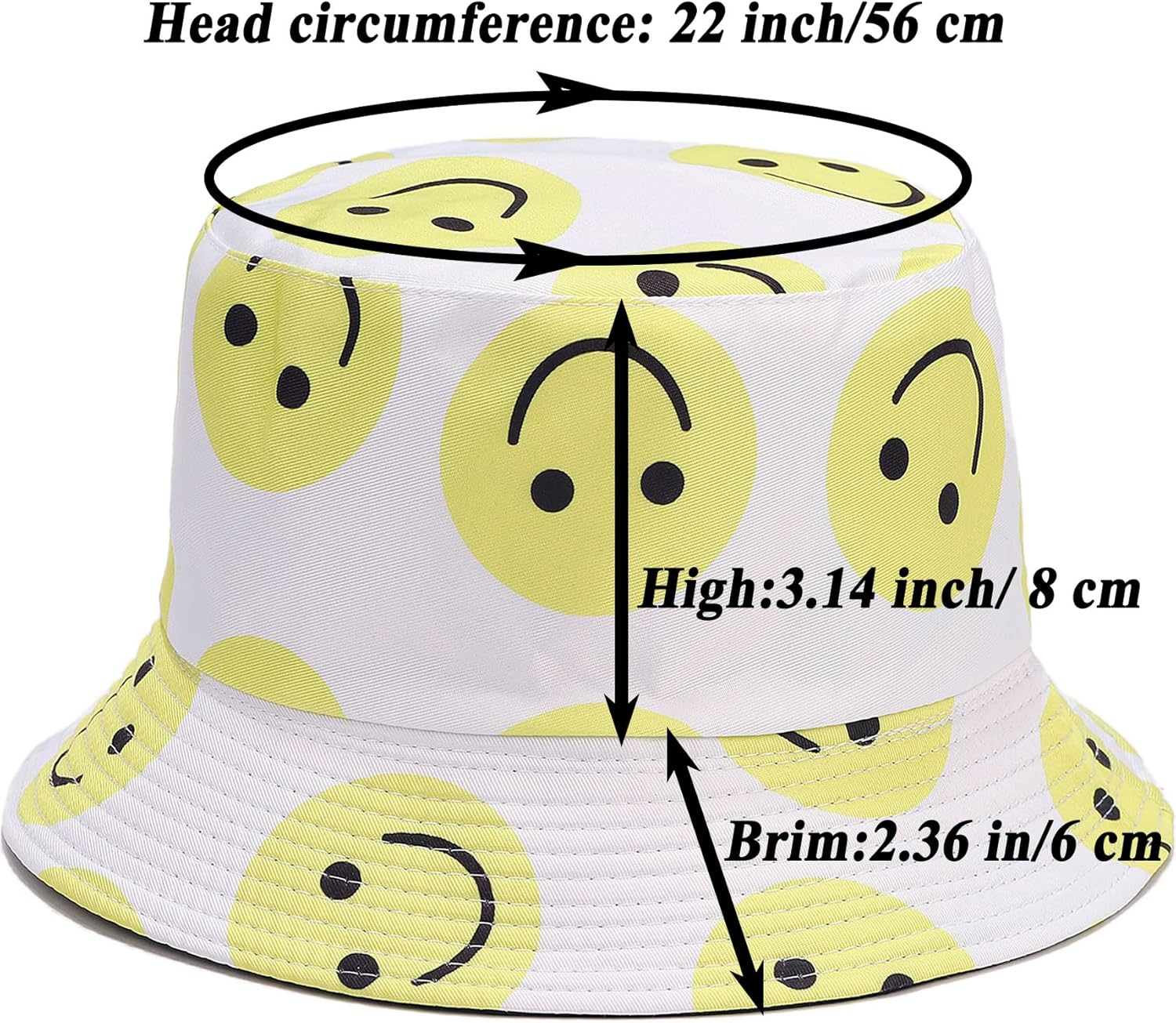 Smiley Face Print Bucket Hat Cute Happy Fishing Cap Reversible Packable Beach Sun Hats for Women, Men - Image 6