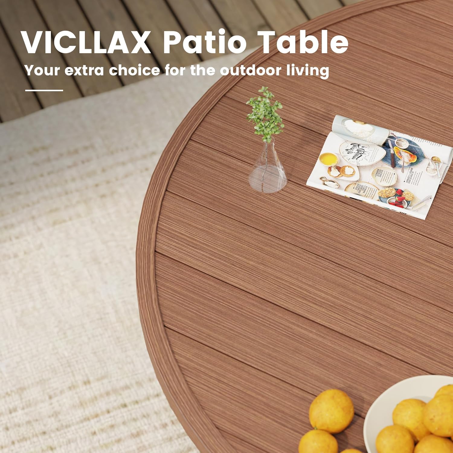 VICLLAX Patio Round Dining Table, 47"x 47" Outdoor Metal Slatted Round Tabletop with Adjustable Umbrella Hole for Lawn Garden Yard, Walnut