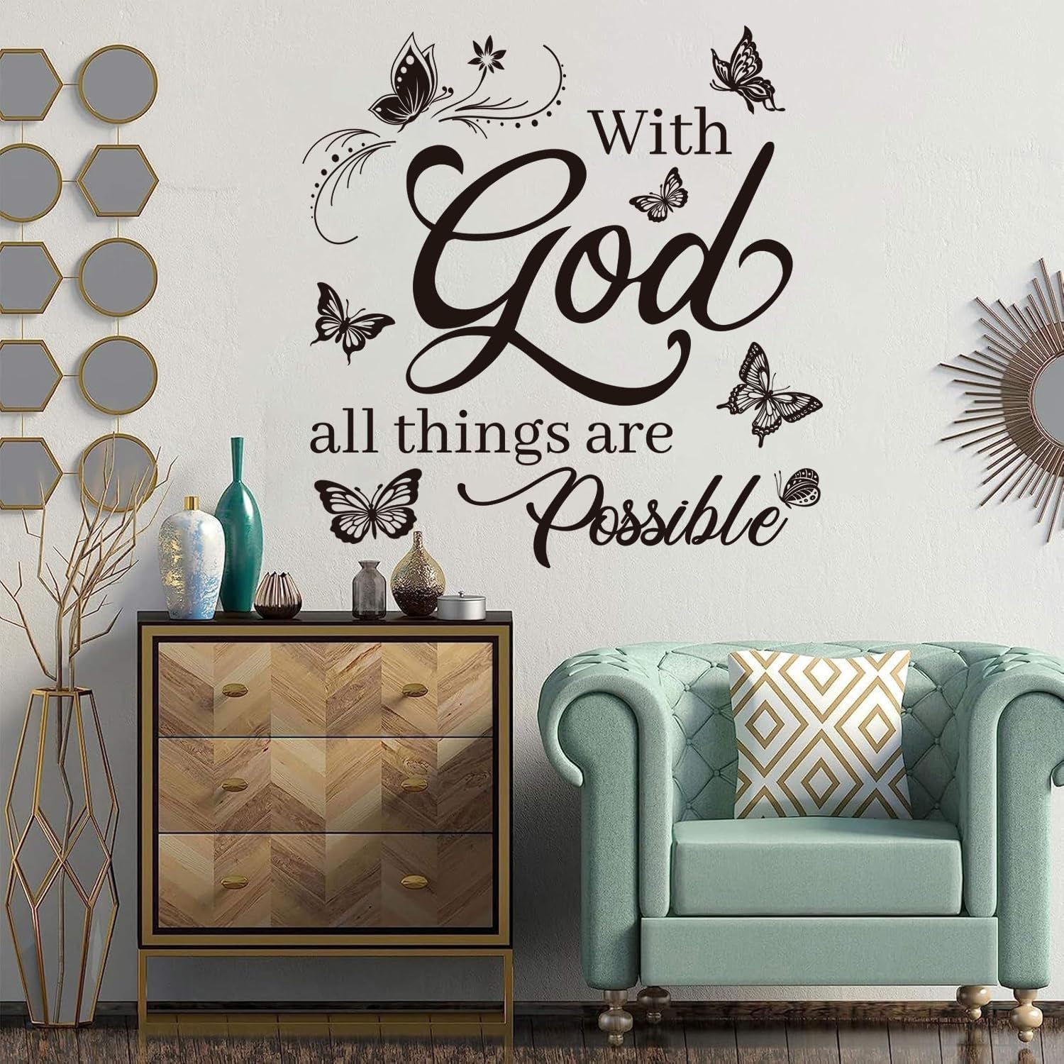 with God All Things are Possible Wall Decal - Butterfly & Floral Religious Vinyl Wall Art Sticker for Home, Living Room, Bedroom, Church Decor.