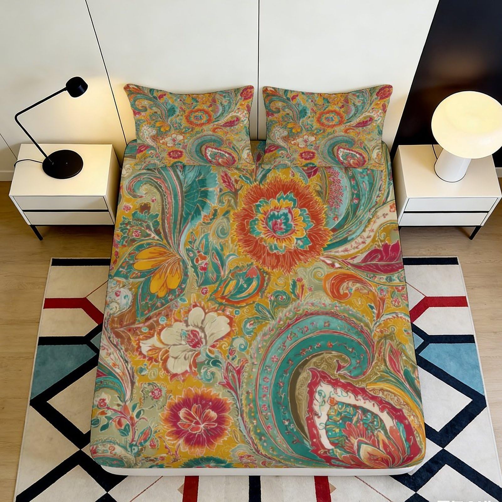 3D Printed Boho Paisley Fitted Sheet Microfiber Soft Breathable Floral Mandala Mattress Cover for Bedroom Dorm Decor 90x200x25cm