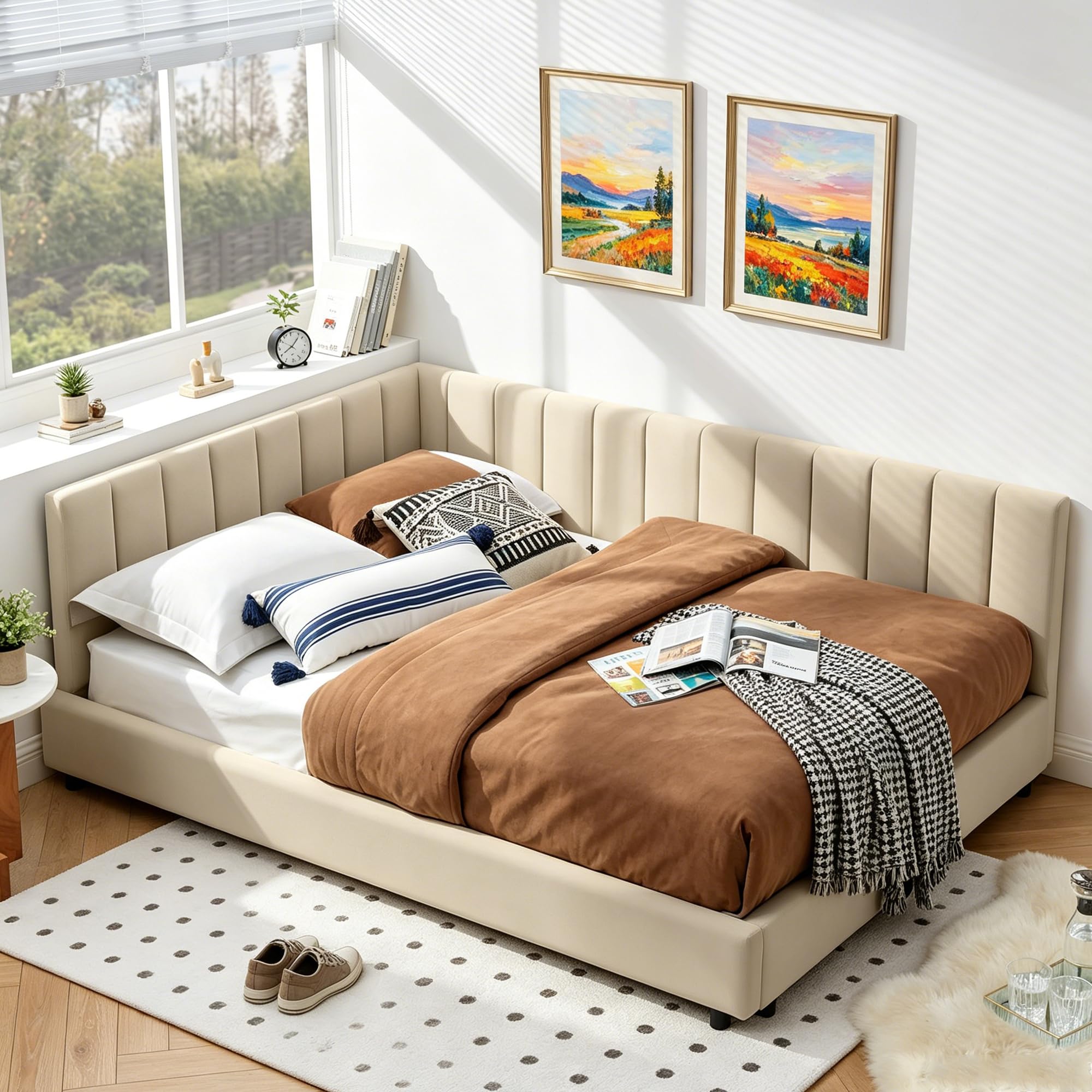 Photo 1 of *Missing the headboard
Bellemave L-Shaped Velvet Upholstered Full Size Corner Daybed Frame with Backrest & Armrest, Multi-Functional Corner Bed for Bedroom, Living Room and Guest Room,Beige