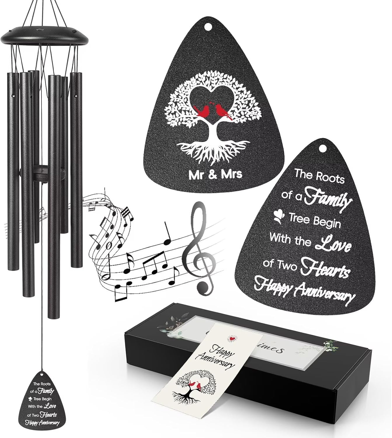 Happy Anniversary Wind Chimes Gifts for Men Women,Romantic Anniversary for Couples, Wife, Husband, Parents, Friends, Happy Anniversaries Decorations, 25'' Wind Chimes Black Gifts