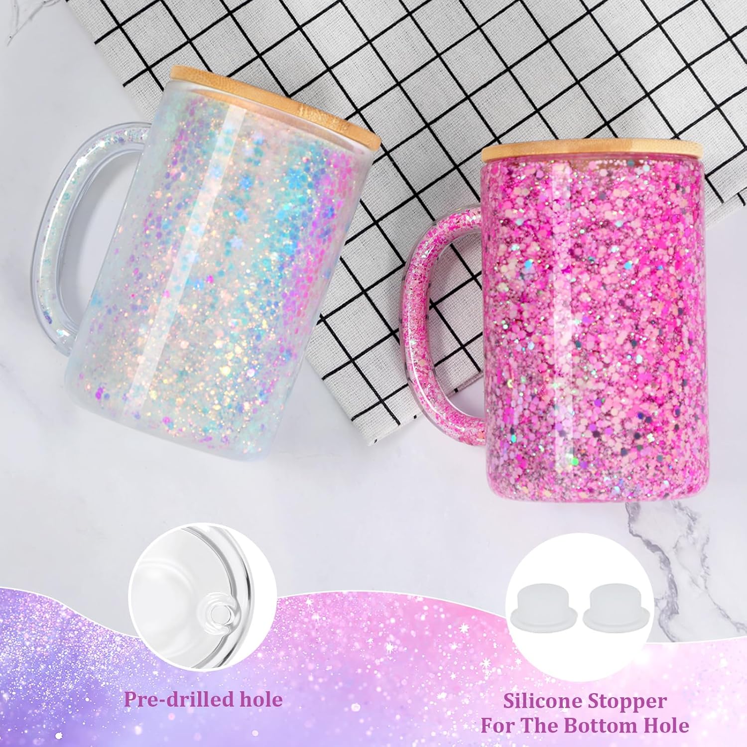 16 Oz Glass Snow Globe Tumbler Cup with Handle, Double Wall Snowglobe Tumbler Coffee Cup with Pre-Drilled Hole and Plug for Glitter Diy, 6 Pack - Image 4