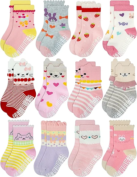 RATIVE Non Skid Anti Slip Cotton Dress Crew Socks With Grips For Baby Infant Toddler Kids Girls (1-3T, RG-820821)