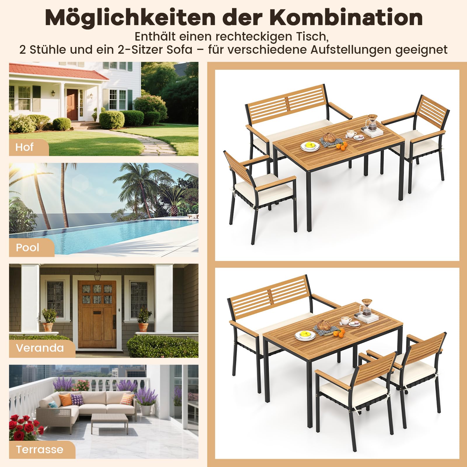COSTWAY Gartenmöbel Set, Terrassenmöbel inkl. Gartentisch mit Schirmloch, Sitzbank & 2 stapelbare Gartenstühle mit Kissen, Sitzgruppe für 4 Personen, Gartengarnitur, Sitzgarnitur, Outdoor Essgruppe