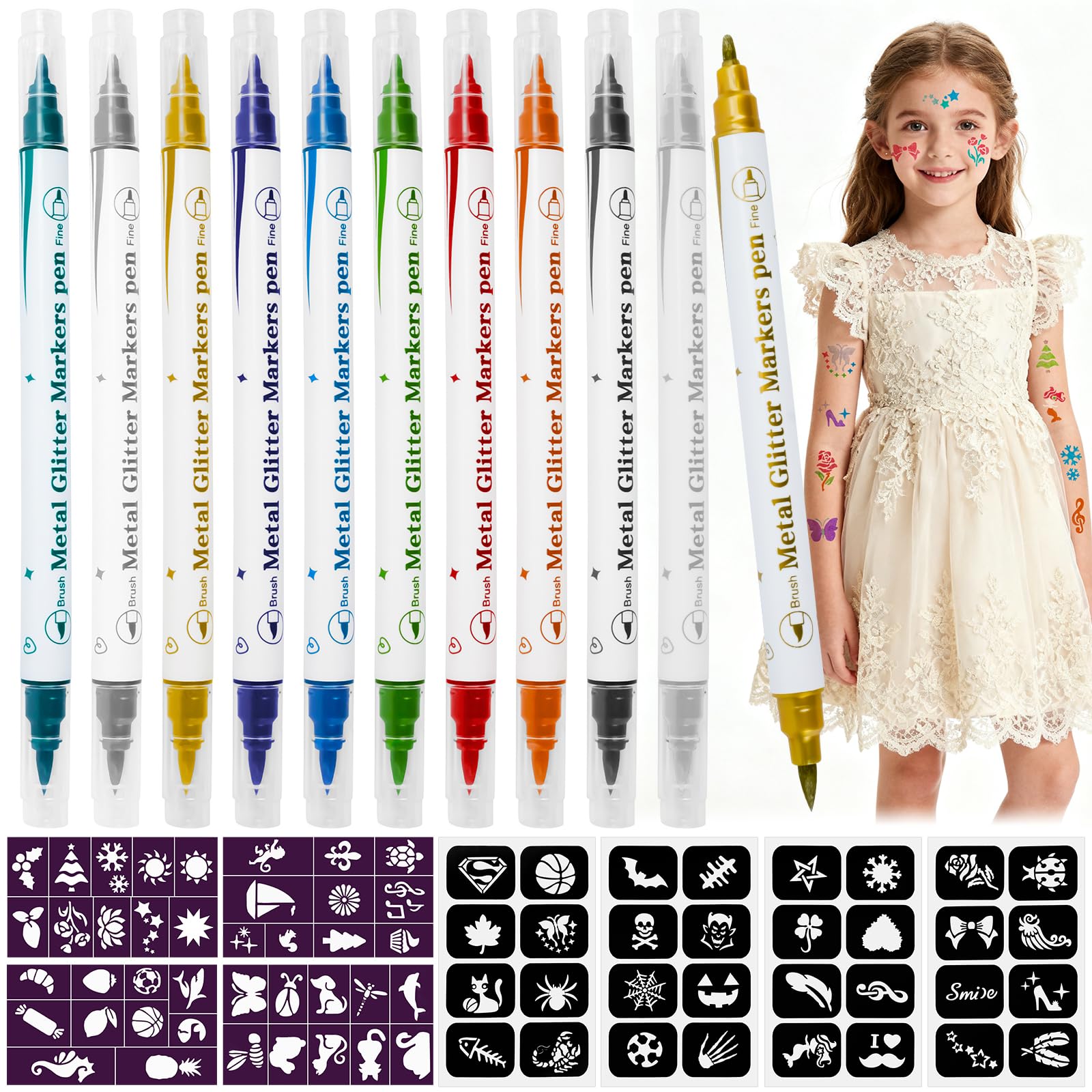 Rotuladores Tatuajes Niños, Kit Tatuajes Temporales Niños con 10 Rotuladores Purpurina y 72 Tatuajes Plantillas, Rotuladore Doble Punta Lavables, para Carnaval Halloween Cumpleaños