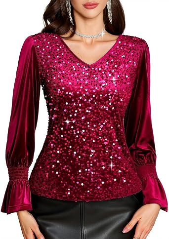 HomRain Womens Long Sleeve Sparkle Velvet Top Casual Shirts V Neck Glitter Night Out Tops for Elegant Evening
