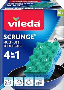 Vileda Scrunge Multi-Use Non-Scratch Scrub Sponge (Pack of 10) | Rinses Clean, Stays Fresh | Durable &amp; Long-Lasting | Dishwasher Safe