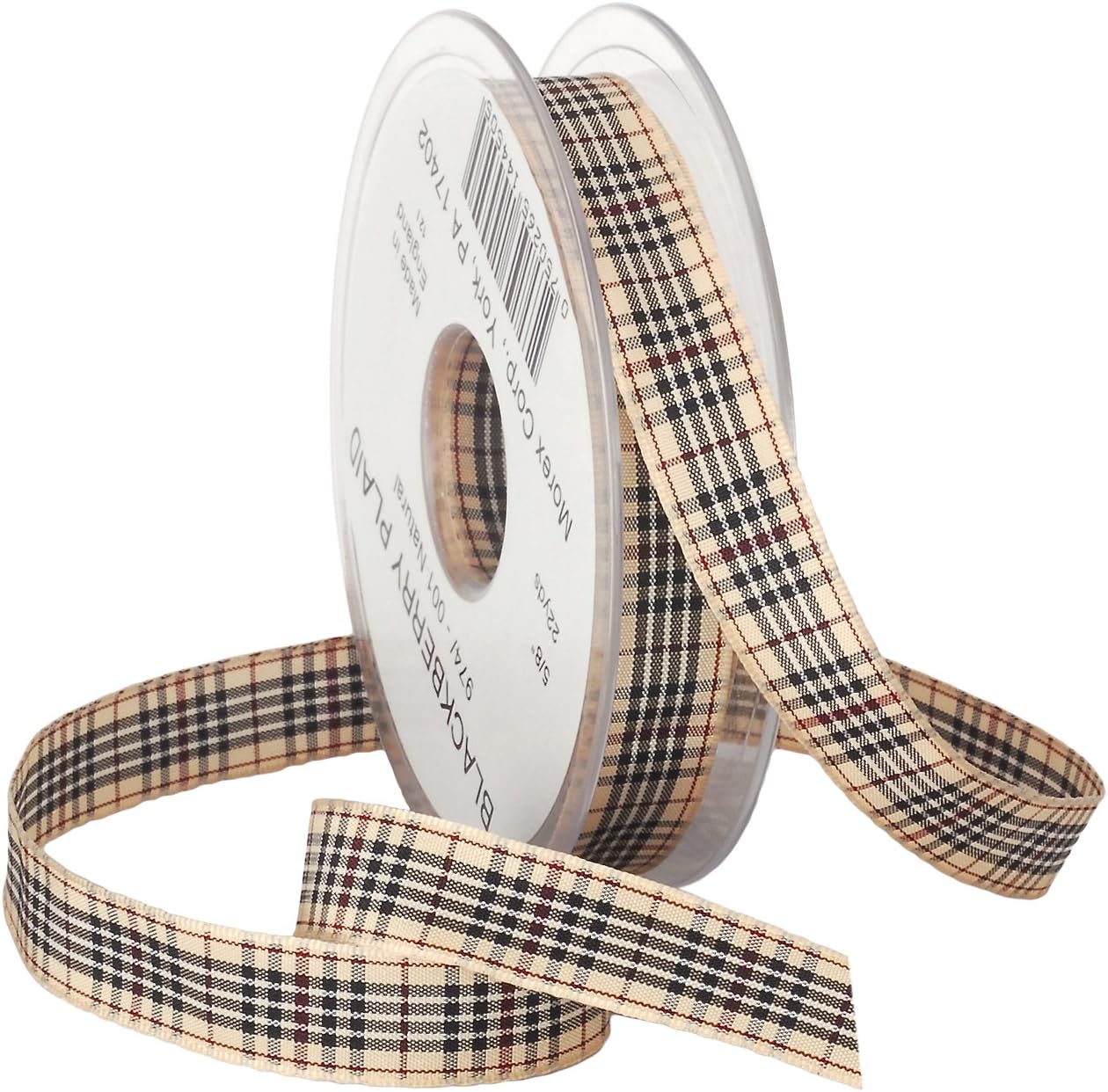 Morex BlackBerry Plaid Ribbon, 1-Inch by 22-Yard Spool, Natural