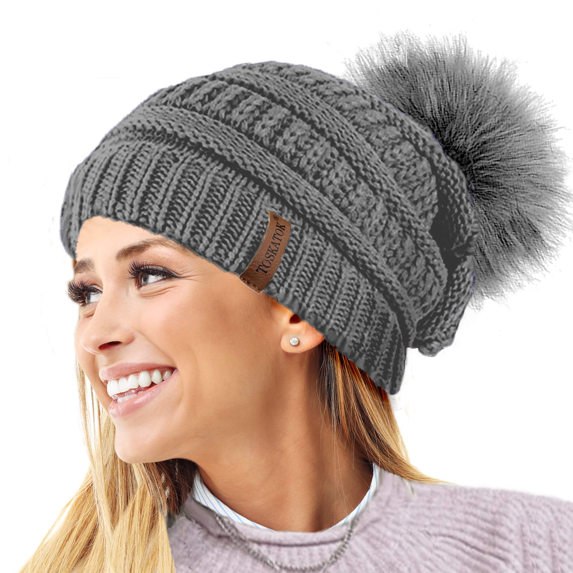Toskatok Women's Light Grey Toskatok® Textured Knit Beanie Hat With Detachable Faux Fur Pom Pom - Buy With 1 2 Pom Poms…