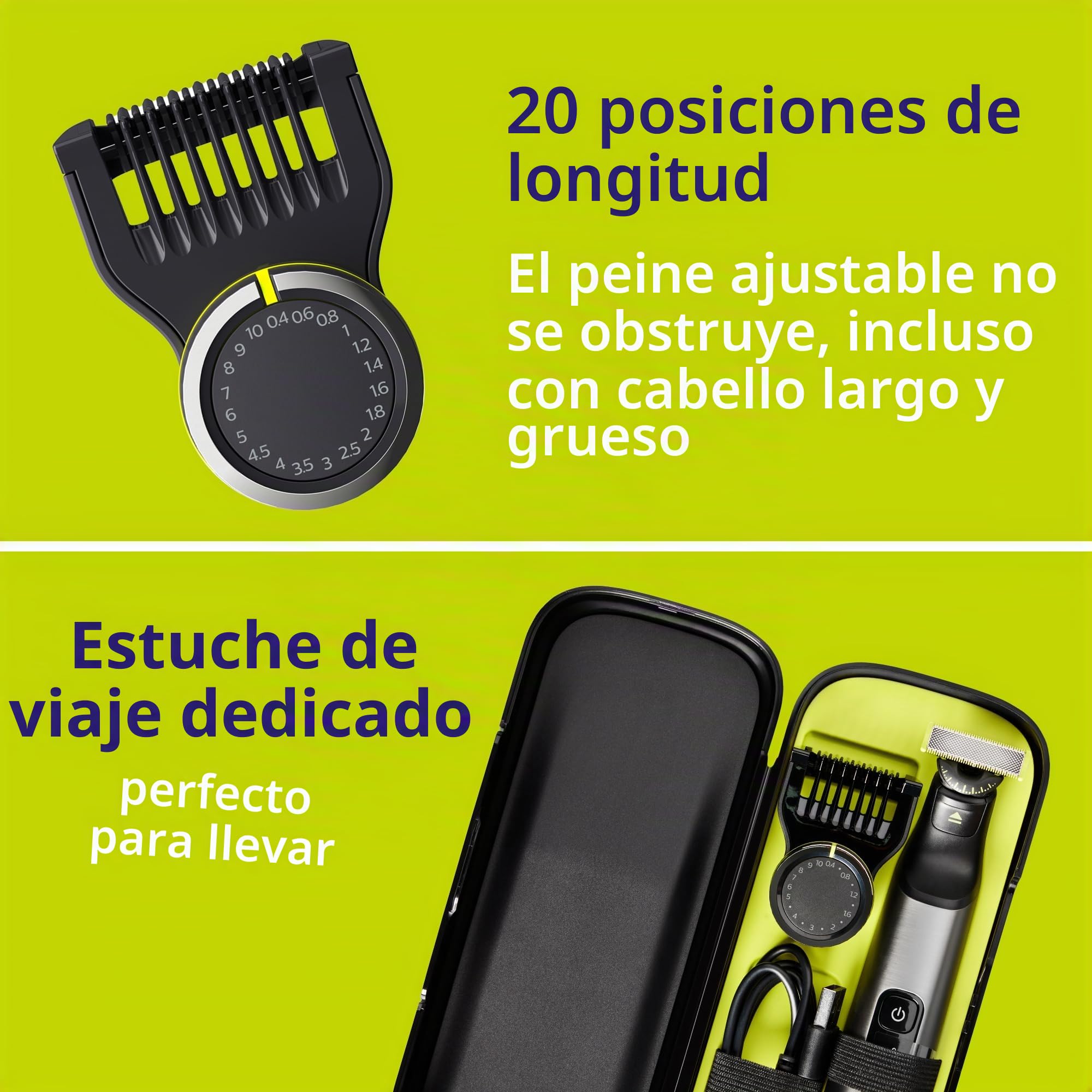 Philips Norelco QP6552/90 OneBlade 360 Pro, afeitadora eléctrica y afeitadora corporal con tecnología de cuchilla de 360 grados, 2 cuchillas de 360, peine ajustable de 20 longitudes, kit de cuerpo y