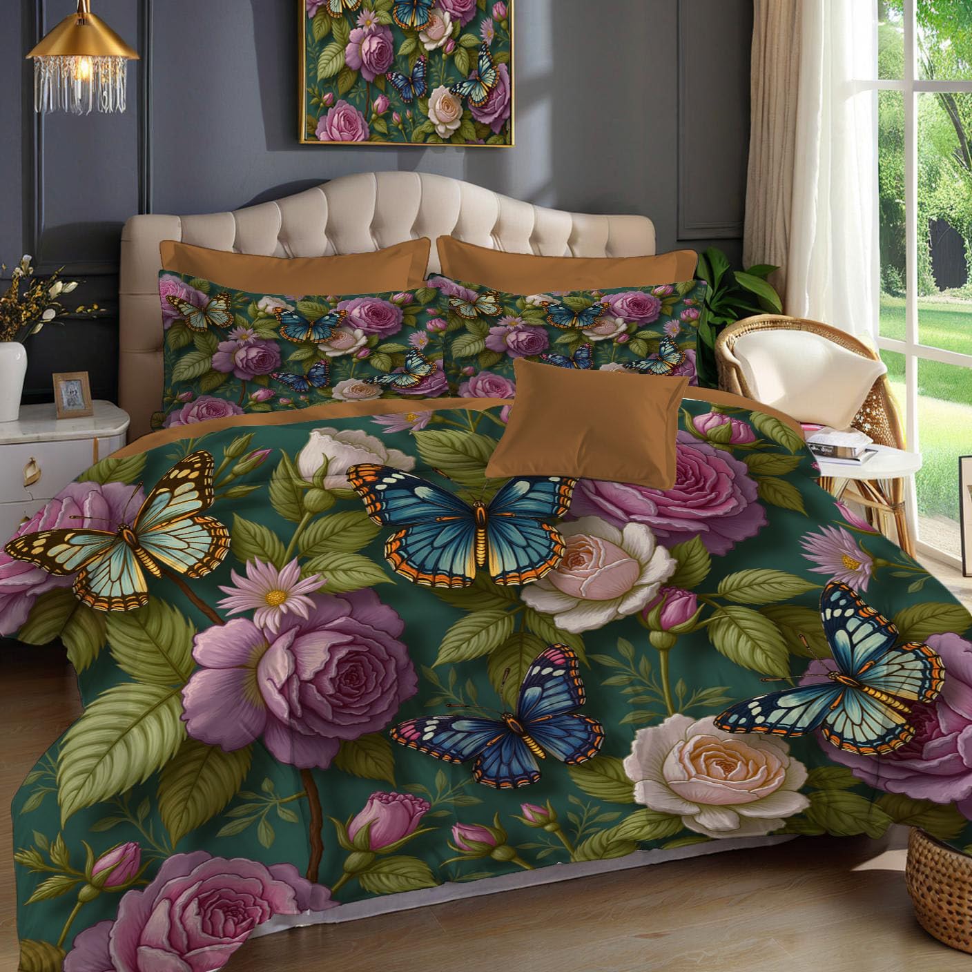 Housse de couette 200x200 rétro papillon fleur avec taie 65x65