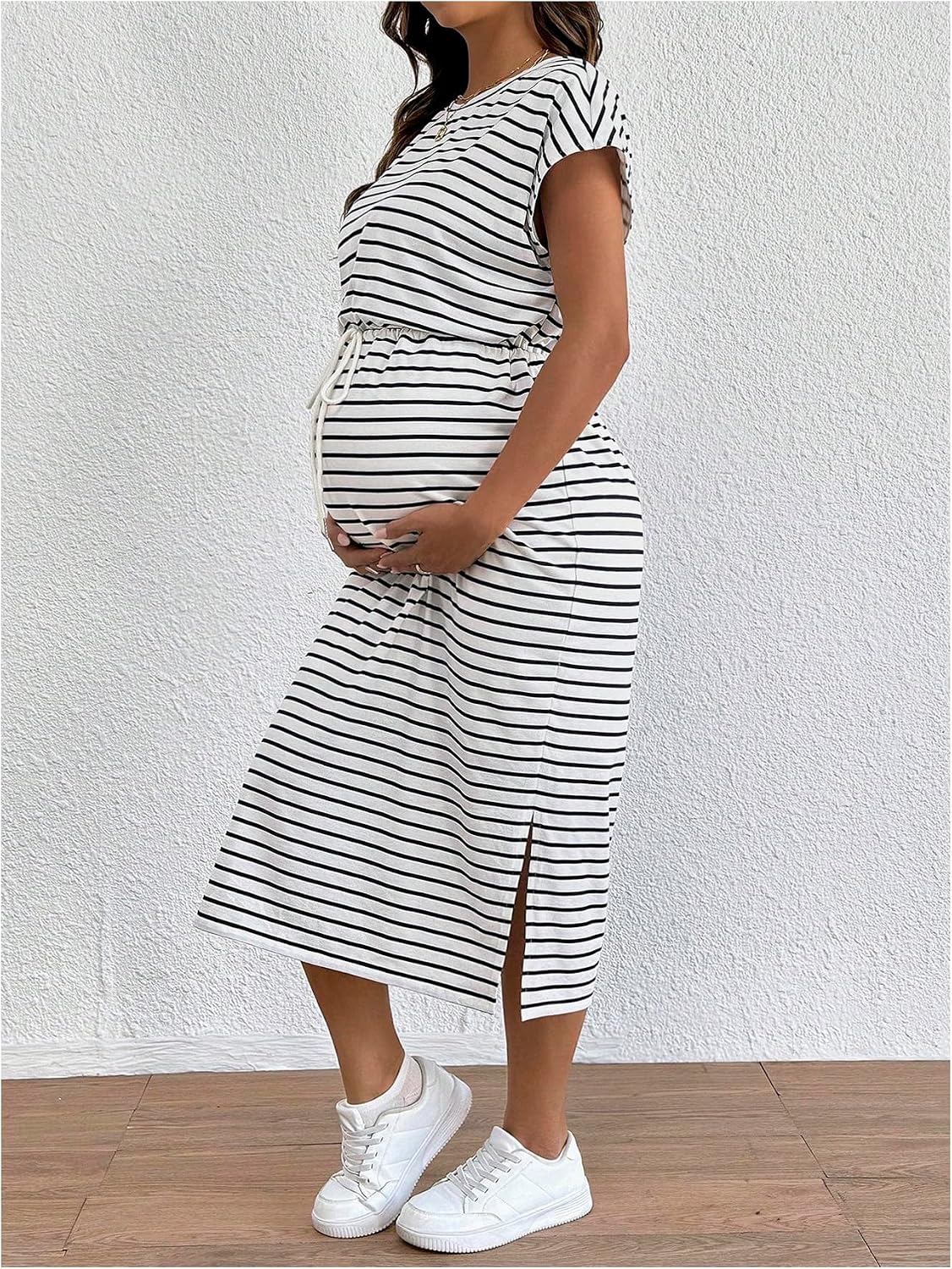 MakeMeChic Women's Maternity Dress Striped Tie Front Crew Neck Cap Sleeve Pregnancy Midi Dresses